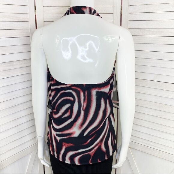 Bebe Printed Silk Chiffon Ruffle Trim Halter Neck Blouse Pink Black XS - Picture 4 of 12